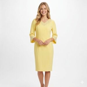 Lily & Taylor Women Size 12 Yellow Rhinestone V-Neck 3/4 Sleeve Sheath Dress NWT
